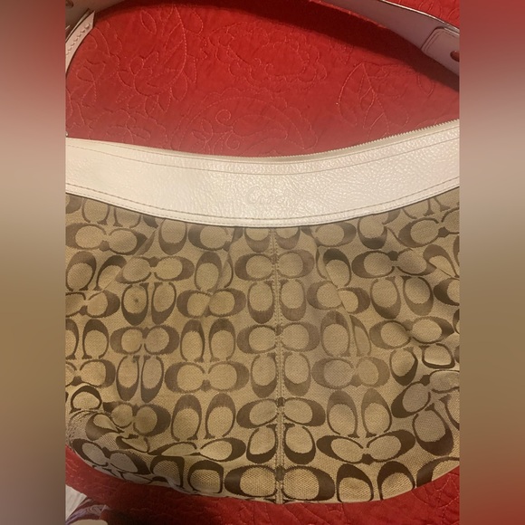 Coach Logo CC Monogram Luxury Handbag Tan White Shoulder Bag Hobo Style PreOwned - Picture 7 of 8